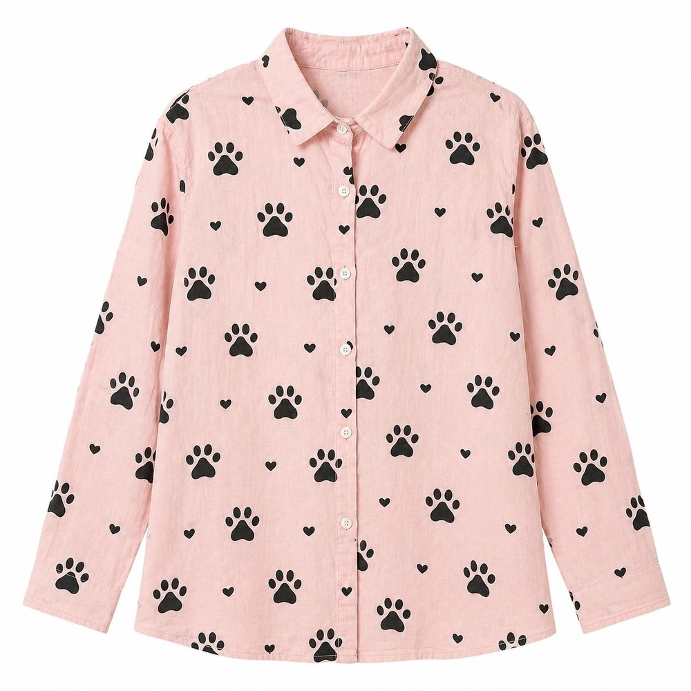 Womens "ALL PAWS ON DECK" Button-Front Cotton Top Sz L/XL? Pink Black Dog Lover